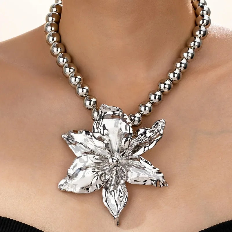 1pc Boho Beaded Chain Metal Large Volume Flower Pendant Necklace for Women Daily Occasion Party Evening Wear Pi-Mart