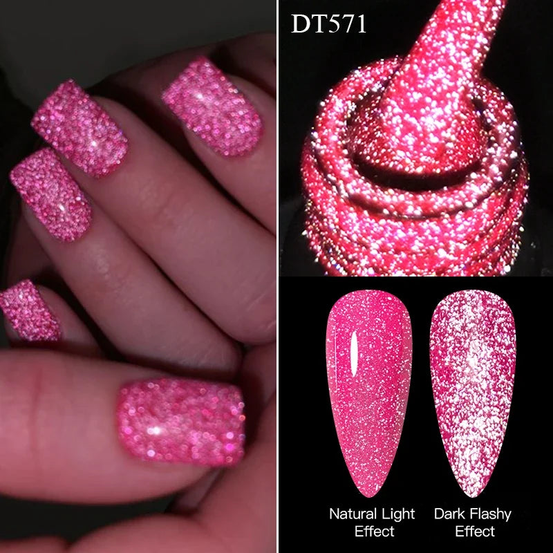 MEET ACROSS 7ml Pink Fluorescent Reflective Gel Nail Polish Glitter Neon Semi Permanent UV LED Gel Nail Art Varnish Manicure Tri Light Beauty