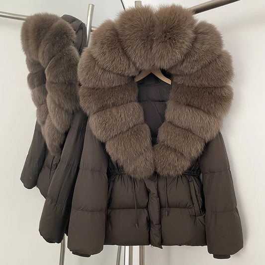 Reality Fur Jacket Real Fur Collar Duck Down Coat Female Winter Hooded Warm Fox Fur Coat Women Natural Raccoon Fur Puffer Jacket LadyShow.Store
