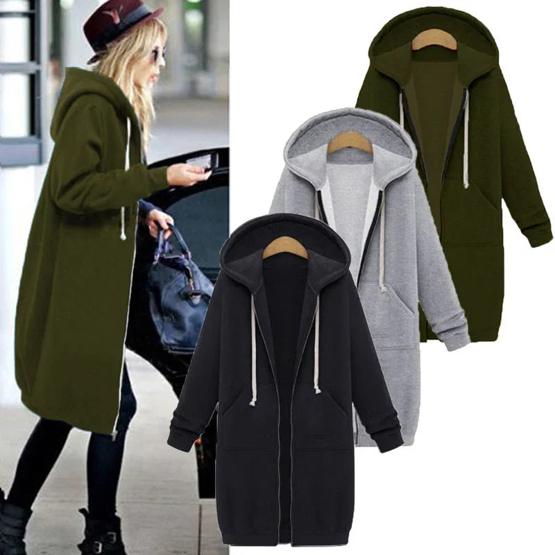 2024 Women's Autumn Winter ThickenHoodies Parkas Loose Hooded Jackets Zipper Pocket Maxi Size Sweatshirt Sports Dresses Outwear LadyShow.Store