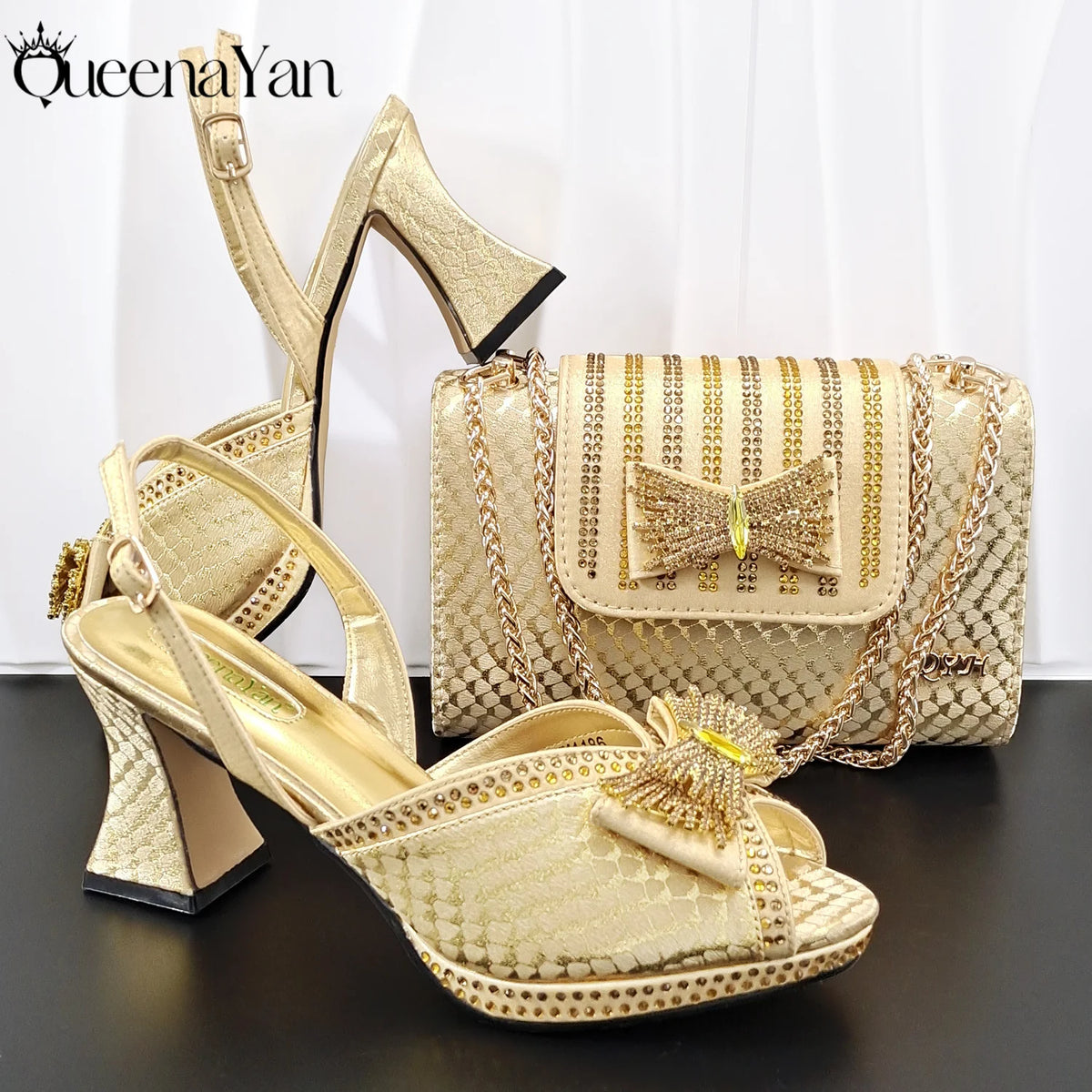 QueenaYan 2026 New Italian Pumps and Bag To Party  INS Style Open-Toe Rhinestone Elegant High Heels for Women Party Pi-Mart