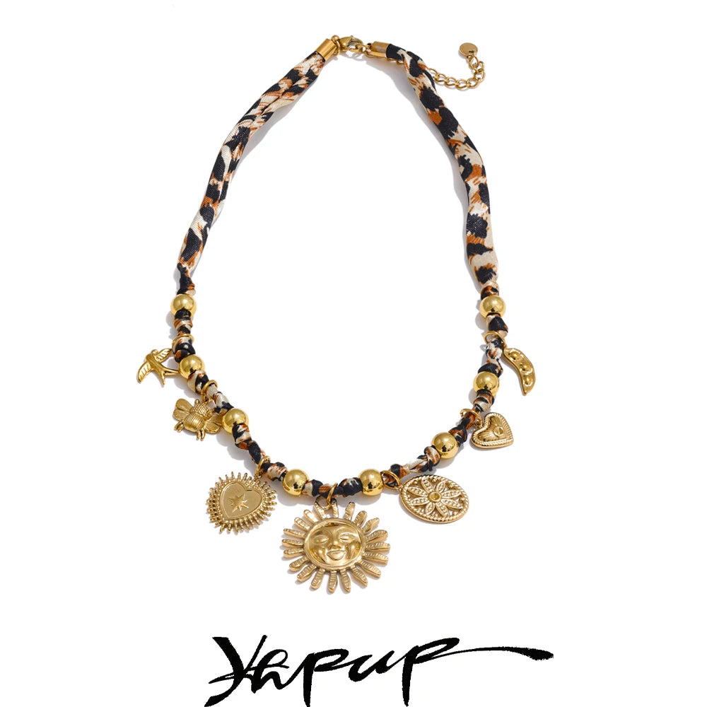 Yhpup Popular Stainless Steel Leopard Polyester Sun Flower Heart Insect Drop Collar Necklace 18K PVD Plated Fashion Jewelry Gift Pi-Mart
