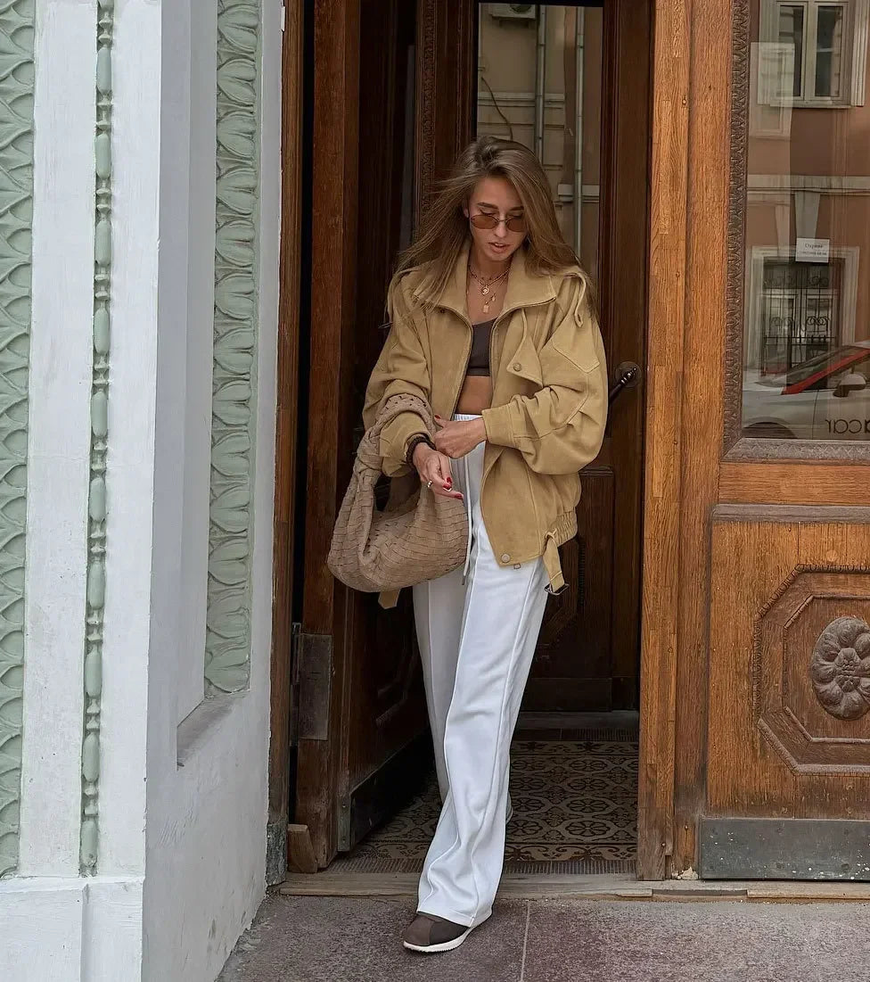 Khaki Lapel Short Suede Jacket Women Casual Stand Collar Full Sleeve Zipper Pocket Loose Jackets 2026 Lady Commute Street Coats LadyShow.Store