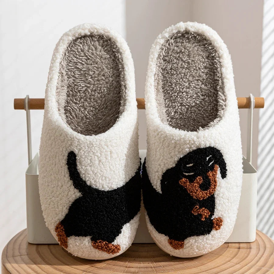 Winter Women's Slippers Cute and Interesting Cartoon Little Black Dog Indoor Warm Comfort Home Bedroom Soft Causal Plush Shoes LadyShow.Store