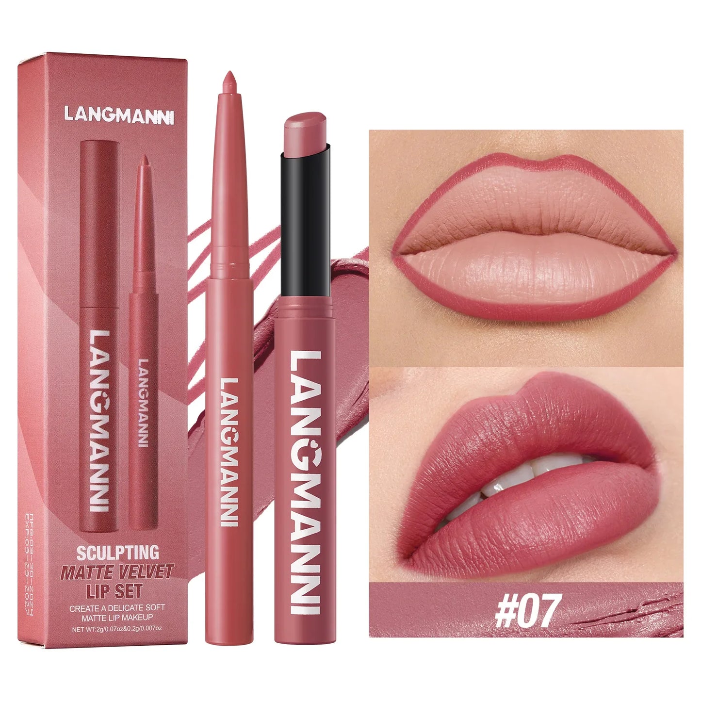2Pcs/set Matte Soft Mist Slanted Mouth Lipstick + Lip Liner Set Combo Light Matte and Non-Drying Waterproof Non-Stick Lip Set LadyShow.Store