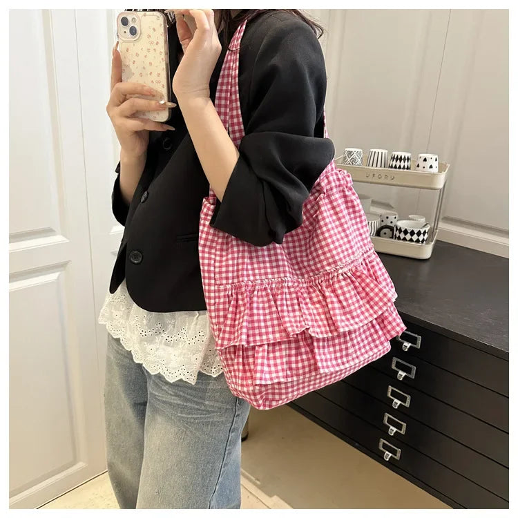 Large Capaci Cute Plaid Cotton Tote Bag  Lace Trim Women's Summer 2025 Simple Lady Handbag Soft Shoulder Bags Bolsa Feminina Pi-Mart