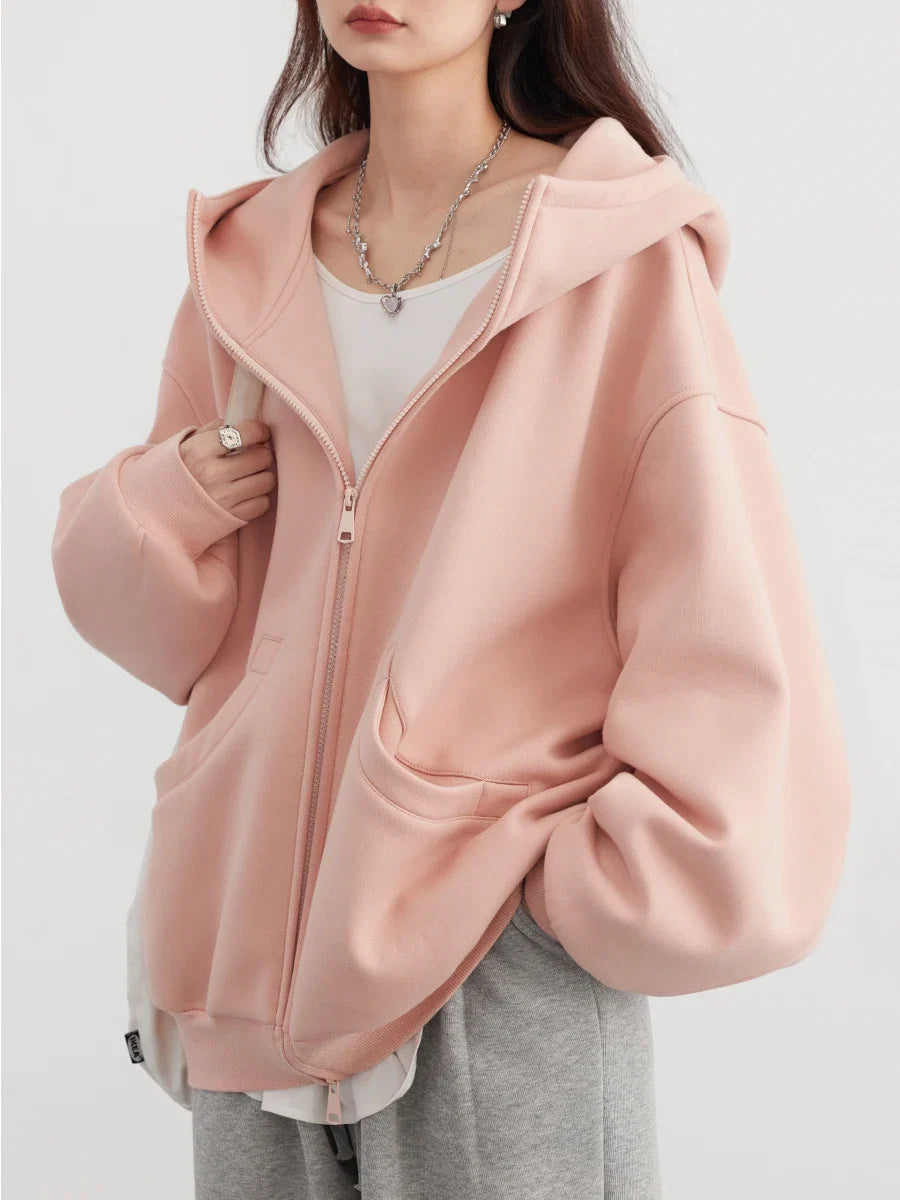 CHIC VEN Women Sweatshirts Loose Casual Hooded Long Sleeves with Plush Sweater Double Zipper Oversize Coat Spring Autumn 2026 LadyShow.Store