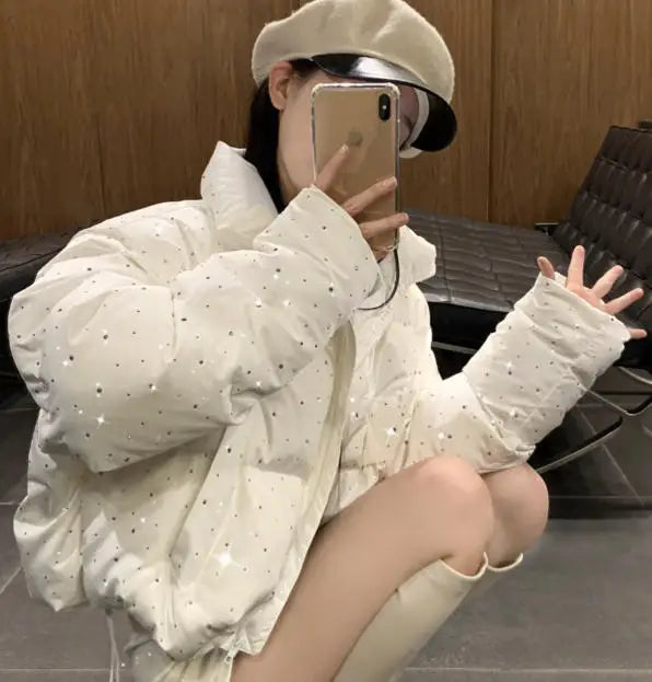 2026 New Winter Clothing Parkas Women's Outwear Short Coats Korean Rhinestone Coat Ladies Thickened Warm Cotton Puffer Jackets LadyShow.Store