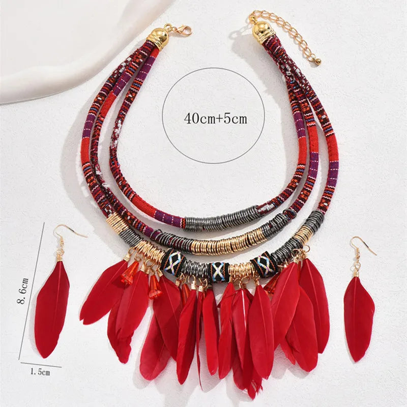 Fashion Vintage Ethnic Feather Choker Necklace Earrings Set For Women Multilayer Nekclace Earrings Jewelry Sets Pi-Mart