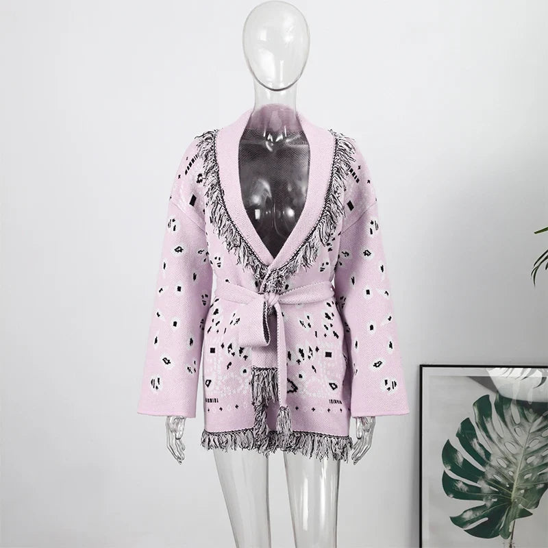Casual Printed Cardigans Women Tassel Lace Up V-neck Full Sleeve Loose Knit Coat Female 2026 Autumn Fashion Lady Outwears LadyShow.Store