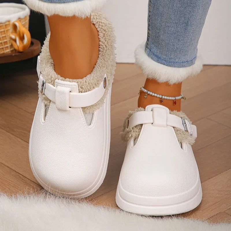 Waterproof Eva Furry Mules Slippers Women 2025 Winter Metal Buckle Warm Plush Slippers Soft Thick Bottom Non Slip Indoor Slides LadyShow.Store