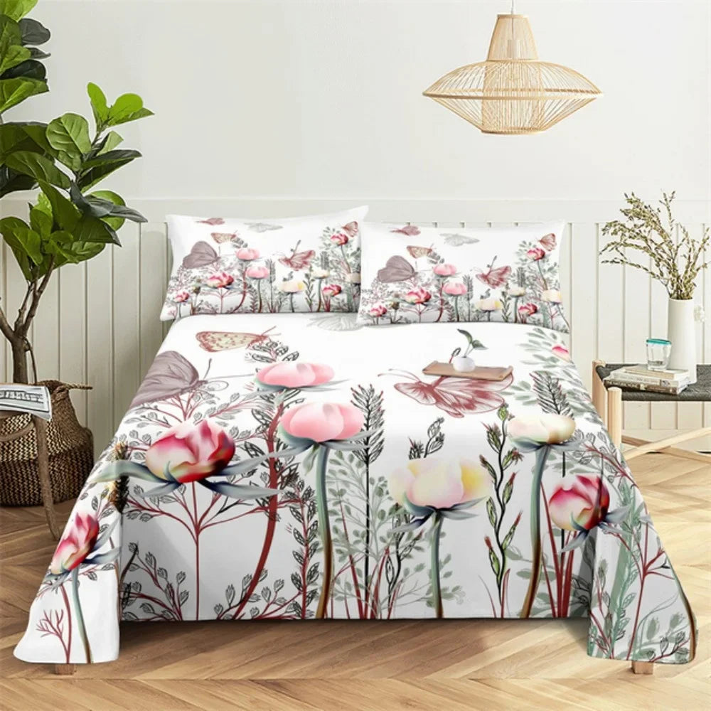 Pink Rose Bed Sheet Sets 3D Print Flowers Bed Flat Sheet for Women Girls King Queen Full Twin Size 2/3pcs Bed Linen Room Decor LadyShow.Store