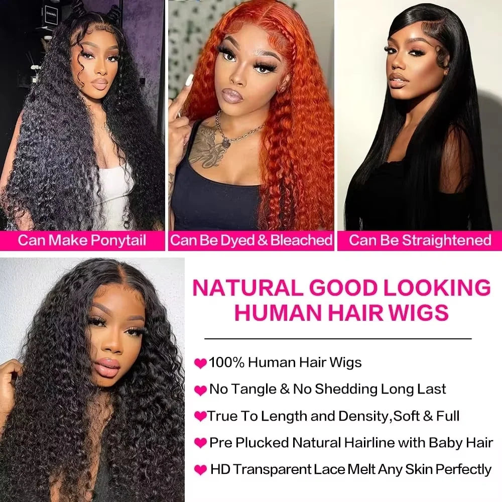 13X4 13X6 Deep Wave Hd Transparent Lace Front Wigs Pre Plucked 30 40 Inch Frontal Human Hair Curly Wig For Women 180 200 Density LadyShow.Store