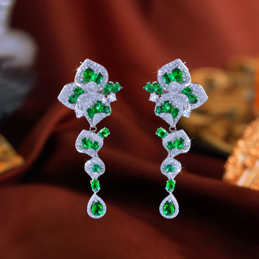 CWWZircons Elegant Green CZ Crystal Flower Water Drop Long Dangle Earrings for Women Beautiful Wedding Party Jewelry Gifts E1159 Pi-Mart