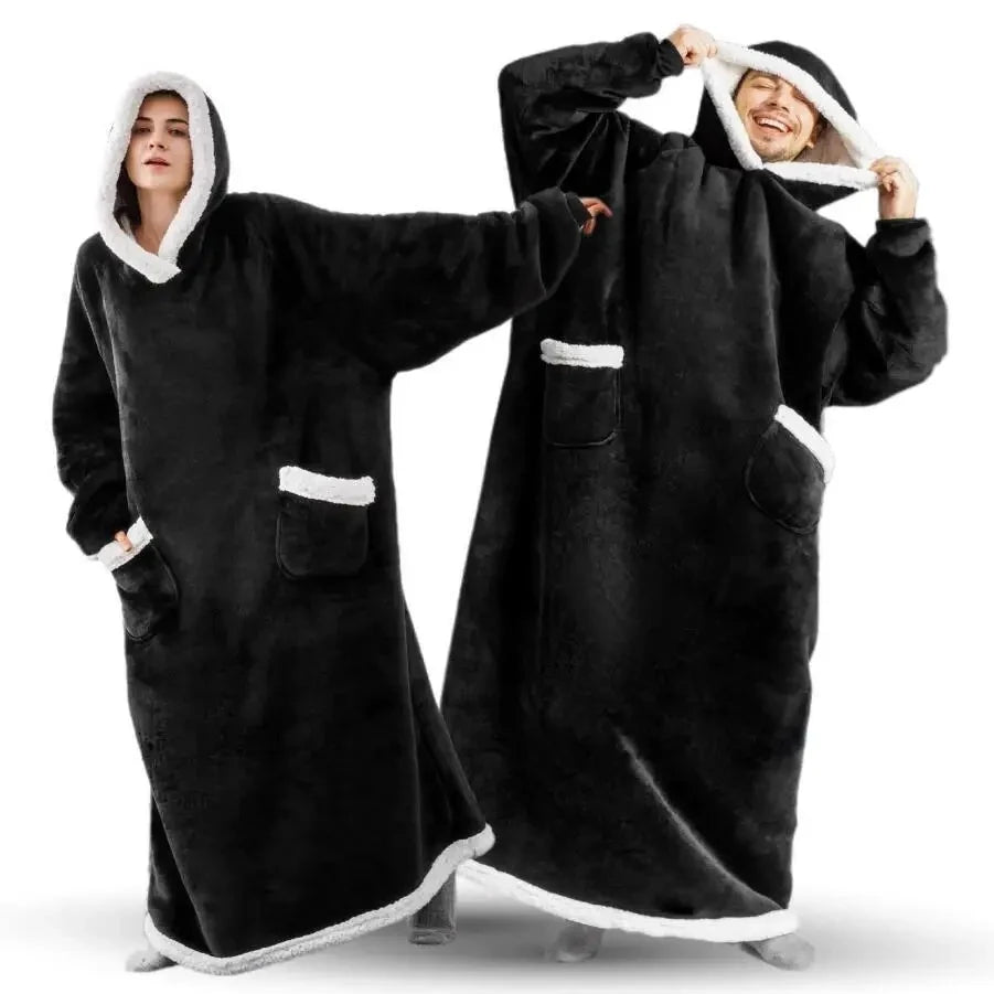 180cm Super Long Flannel Blanket Pyjamas with Sleeves Winter Hoodies Sweatshirt Women Men Pullover Fleece Giant Oversized Outdoo Pi-Mart