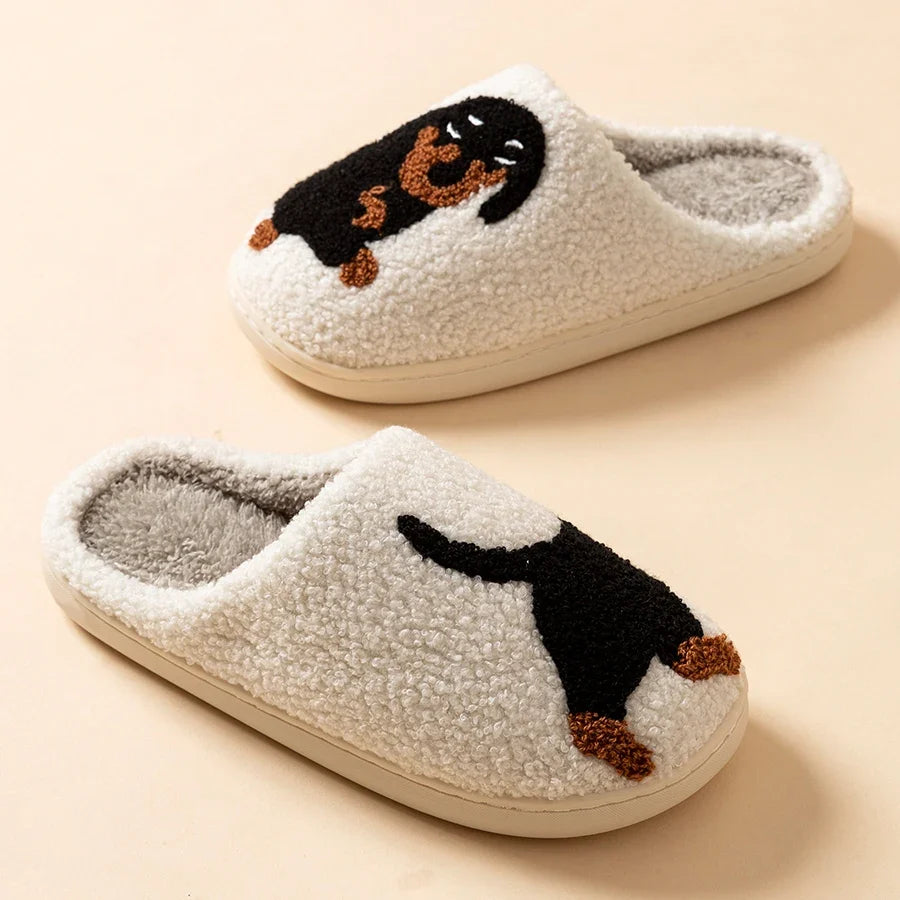 Winter Women's Slippers Cute and Interesting Cartoon Little Black Dog Indoor Warm Comfort Home Bedroom Soft Causal Plush Shoes LadyShow.Store