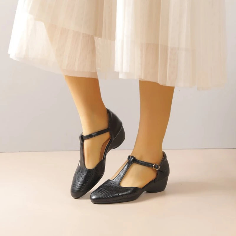 Women's Plus Size Retro Cutout Wedge Loafers, Adjustable T-Strap Breathable Pumps for Summer Daily & Commute Pi-Mart