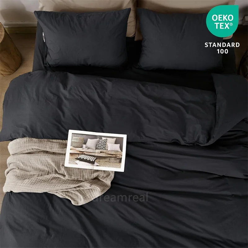 Washed Cotton Bed Linen Bedding Set 4 Pieces Bed Sheets Set Solid Color Comforter Cover Couple Queen King Size Bed Quilt Cover LadyShow.Store