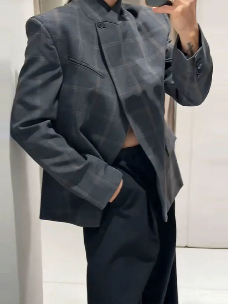 HH Women Fashion Plaid Blazer Coat Stand Collar Long Sleeve Jacket 2026 Spring Trend Casual Office Lady Chic Outerwear LadyShow.Store