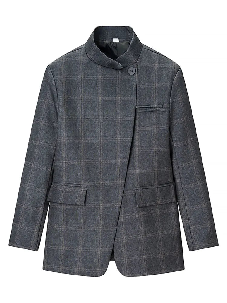HH Women Fashion Plaid Blazer Coat Stand Collar Long Sleeve Jacket 2026 Spring Trend Casual Office Lady Chic Outerwear LadyShow.Store