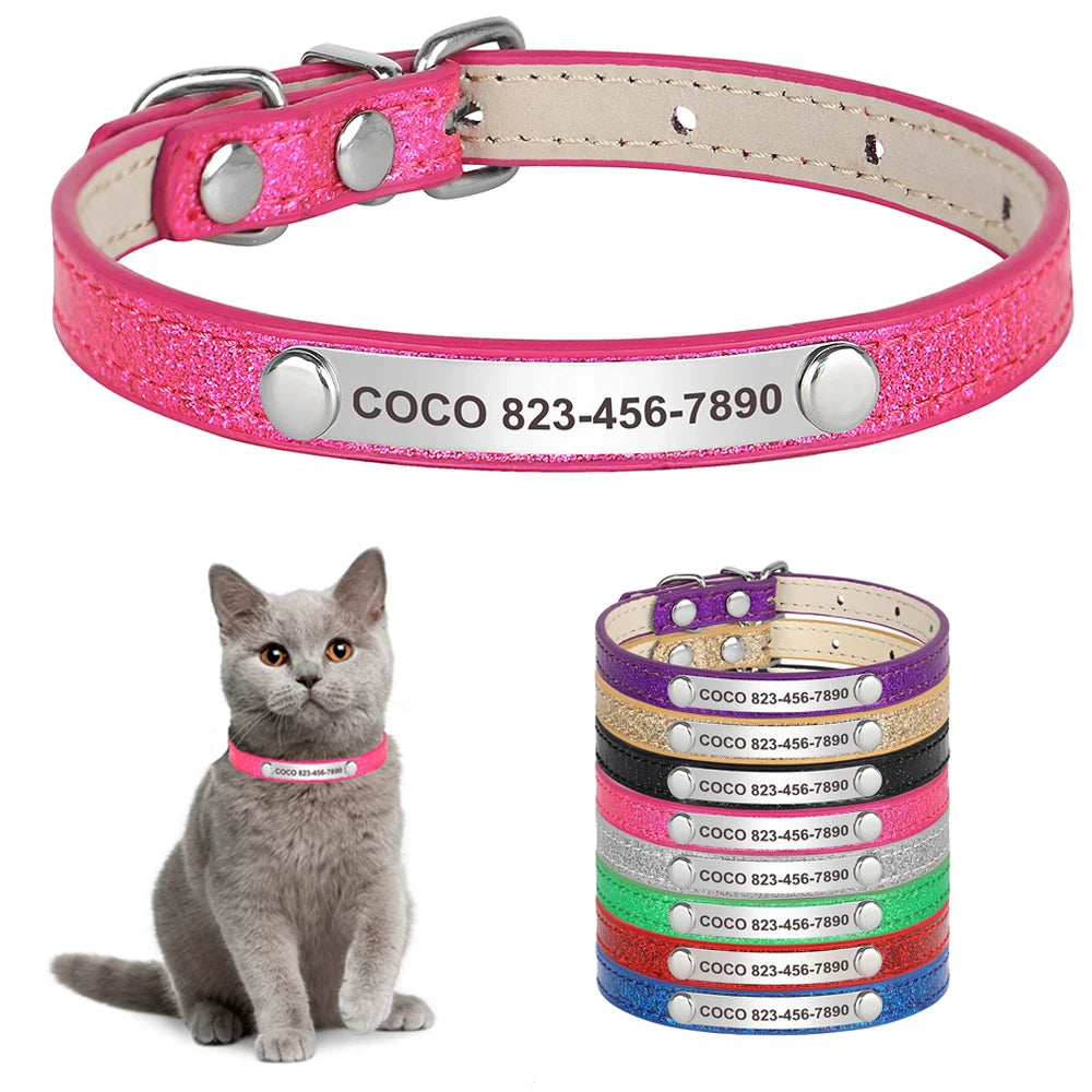 Personalized Cat Collar Custom Leather Cat Collars Free Engraved Puppy Kitten ID Necklace Bling Pet Collars for Small Dogs Cats Pi-Mart