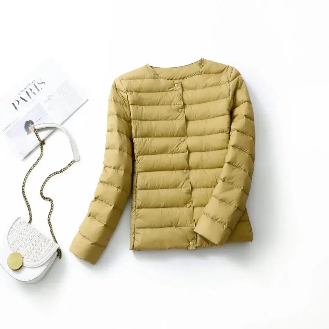 New Female Light Down Coat Women Liner Duck Down Jacket O-neck Variable V-neck 2024 Fall Collarless Light Quilted Puffer Coat LadyShow.Store
