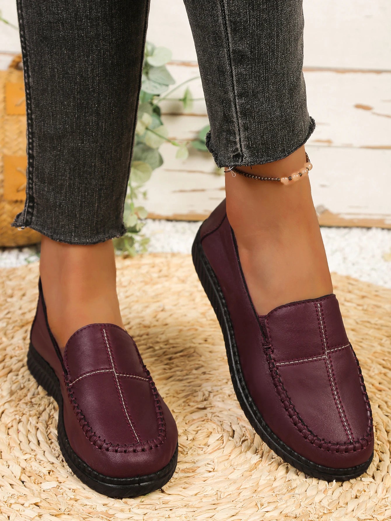 Women's Spring Autumn Leather Loafers Floral Embossed Slip‑On Flats Anti‑Slip Comfort Casual Mom Daily Walking Free Shipping Pi-Mart
