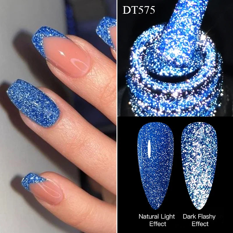 MEET ACROSS 7ml Pink Fluorescent Reflective Gel Nail Polish Glitter Neon Semi Permanent UV LED Gel Nail Art Varnish Manicure Tri Light Beauty