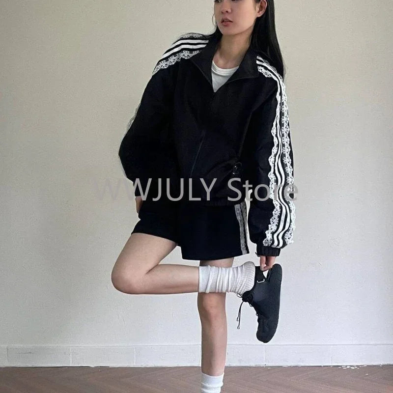 2026 Lace Patchwork Striped Sun Protection Jacket for Women 2025 New Korean Causal Zipper Stand Neck Cardigan Coat Top Design LadyShow.Store
