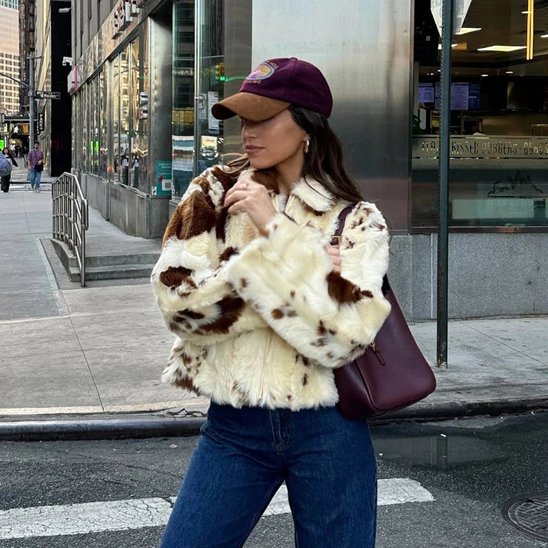 Neo Mint Chic Street Girls Cow Print Fur Coat Women 2025 Winter New Brand Fashion Warm Faux Fur Jacket Autumn Iconic Streetwear LadyShow.Store