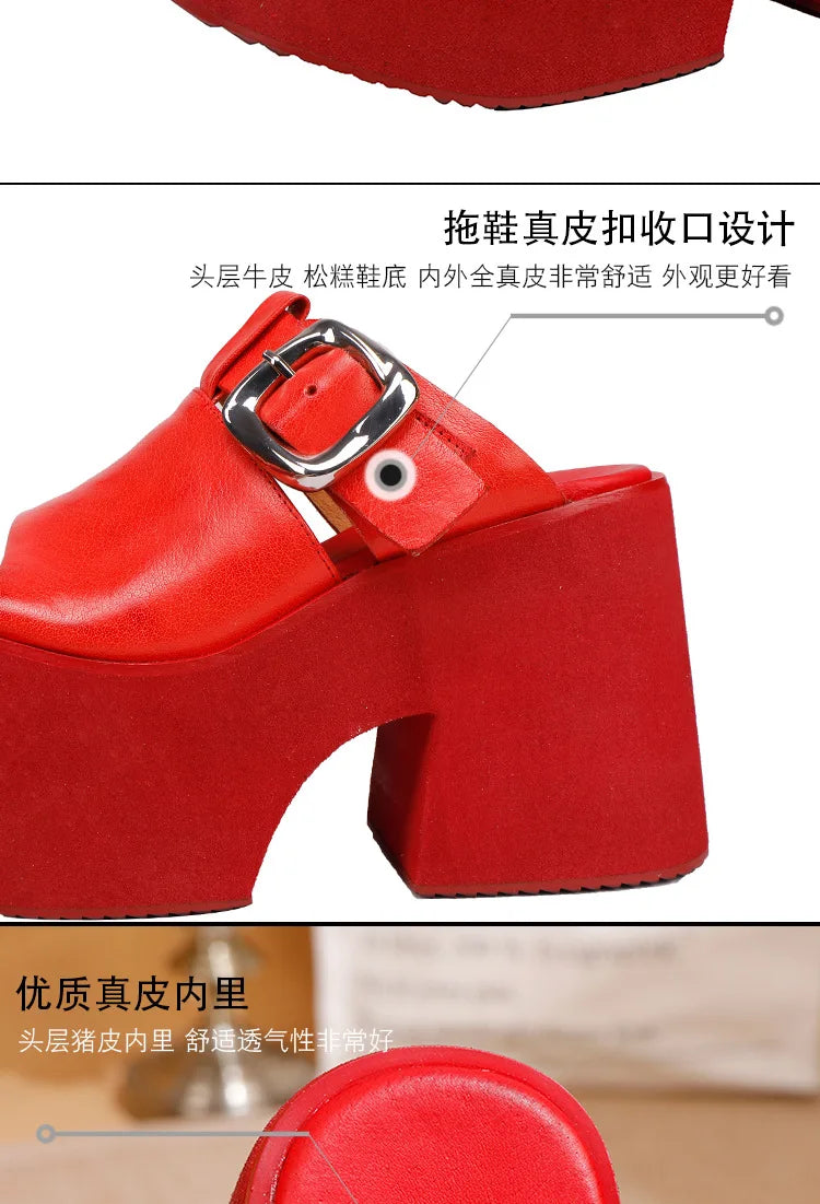 GKTINOO 2026 Summer New Genuine Leather Thick Soled Height Increasing Slippers Fashionable Women's Super High Heels Sandals Pi-Mart