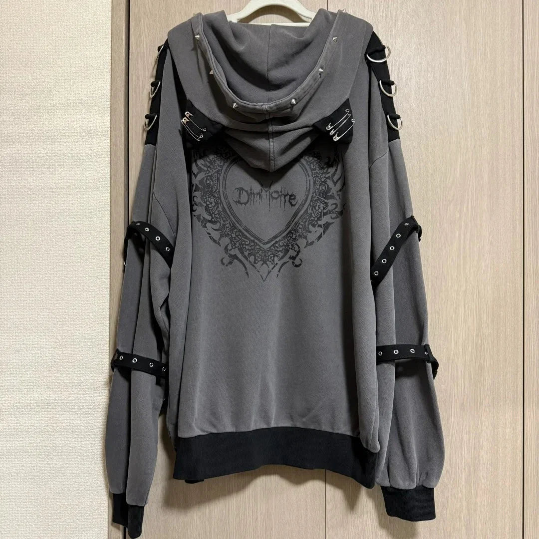 Streetwear Harajuku Hoodies Jackets Women's Clothing Hooded Punk Zipper Coat Japanese Rivet Print Vintage Casual Y2k Sweatshirts LadyShow.Store