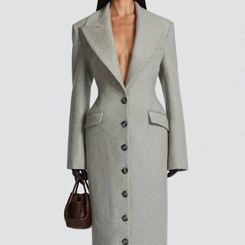 Women's Long Coat Slim V Neck Single Breasted Overcoats Shoulder Pad Maxi Jackets with Belt 2025 New Winter Lady Commute Outwear LadyShow.Store