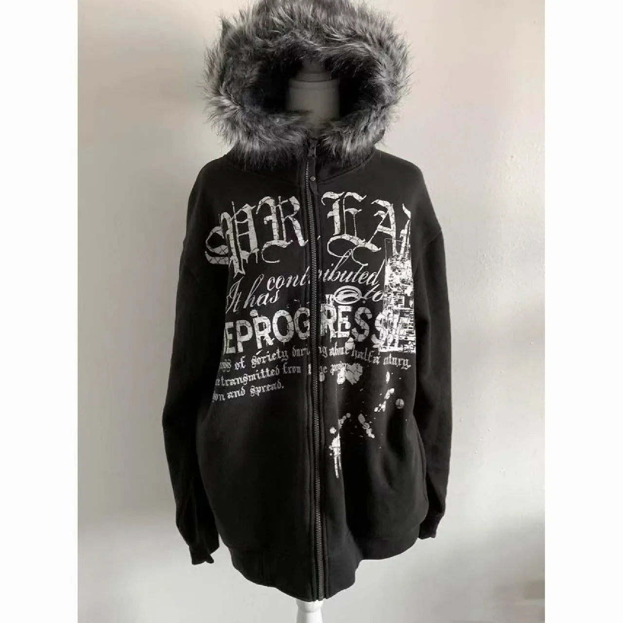 Korean Fashion Sweatshirts Harajuku Gothic Printed Coats Jackets Subculture Vintage Faux Fur Hooded Women Casual Y2k Clothing LadyShow.Store