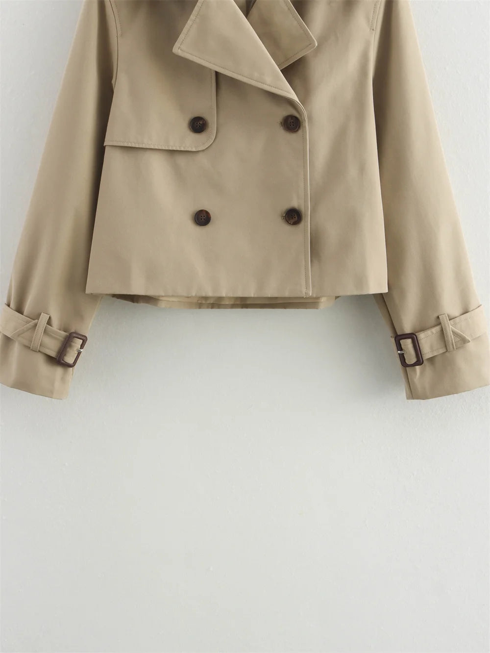 Ladies Vintage Cropped Trench Spring Autumn Jacket Women Streetwear Double Breasted Long Sleeve Top Female Chic Coat Outfits Pi-Mart