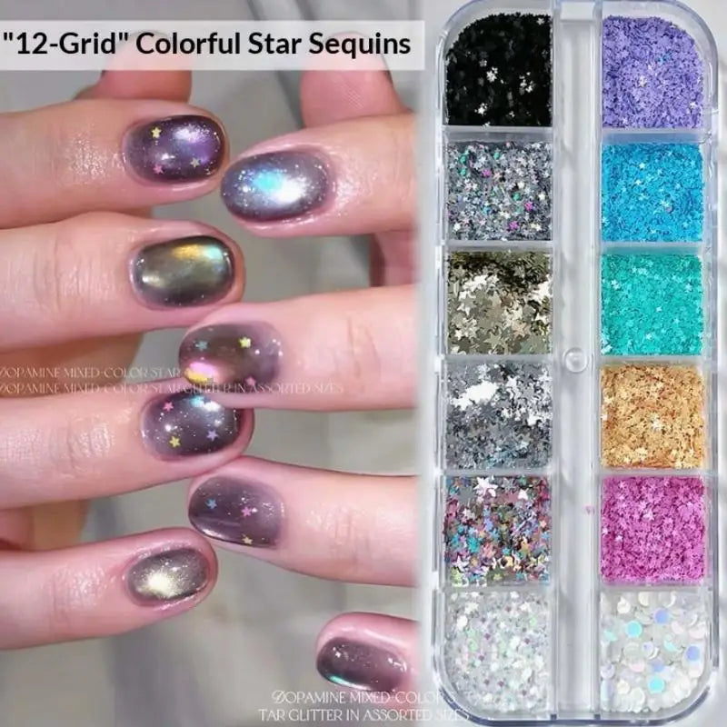 *12 Grids Mixed Mini Circular Colorful Nail Glitter Wave Point Sequin Sparkling Flower DIY Nail Decoration Nail Charms Pi-Mart