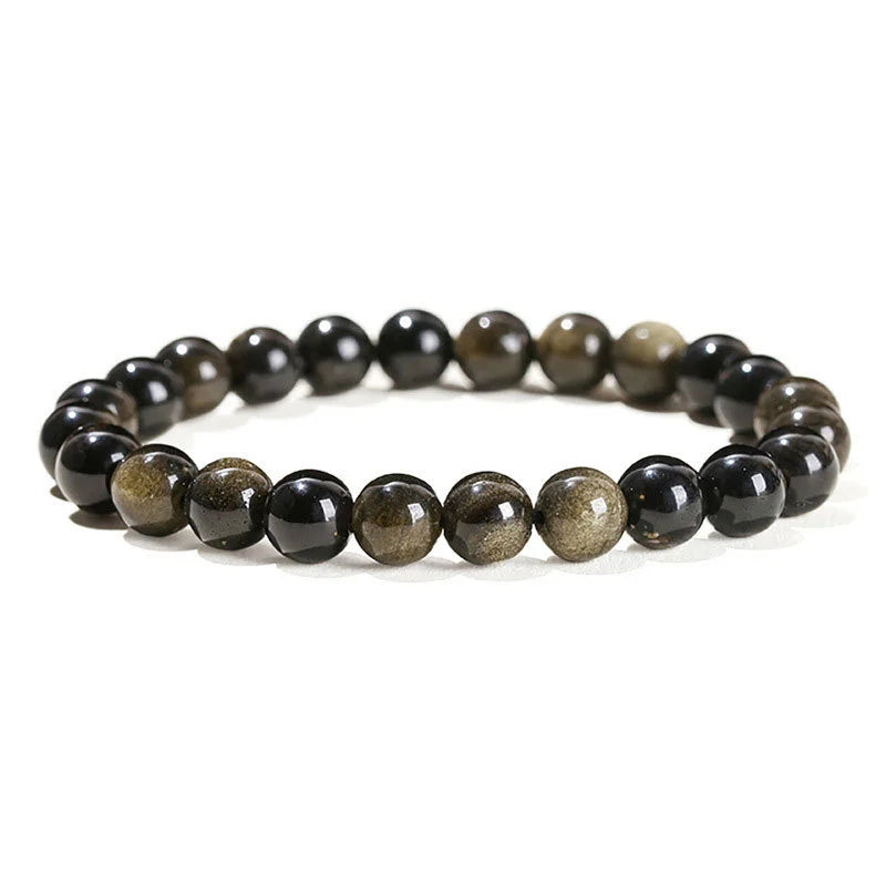 Natural Golden Obsidian Stone Beads Bracelet Men Women Golden Light Rainbow Obsidian Raw Stone Round Bead Natural Energy Jewelry Pi-Mart