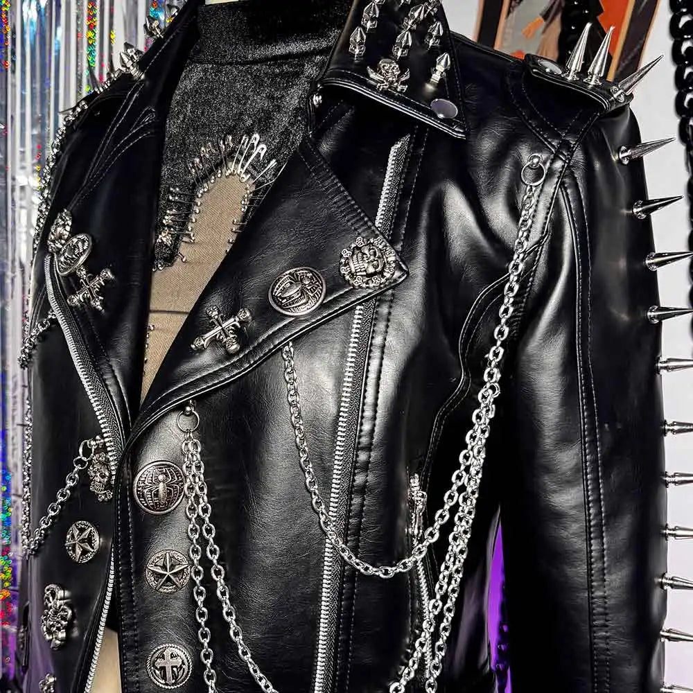 Gothic E-Girls Skull PU Leather Jacket Y2K Trendy Punk Rock Harajuku Chain Cross Street Wear Digital Glitch Core Club Goth Pi-Mart