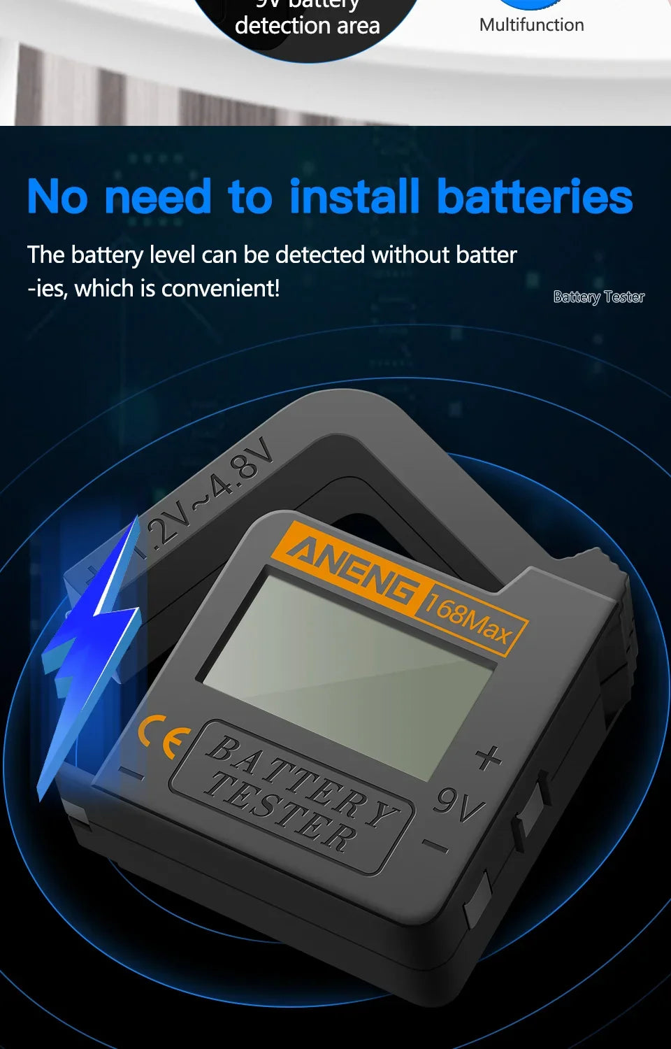 ANENG 168MAX Self Powered Digital LCD Battery Checker AA AAA C D 9V Button Cell 18650 Lithium Cell Voltage Capacity Test Tool Pi-Mart