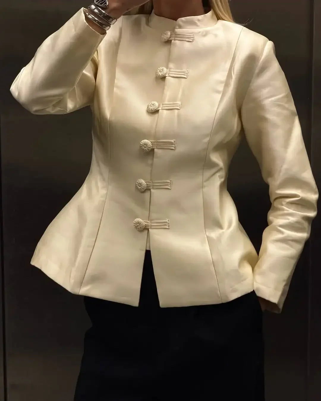 Elegant White Chinese Buttoned Jacket Women Full Sleeve Waist Cinching Single Breasted Short Coats 2026 Lady Daily Outwear LadyShow.Store