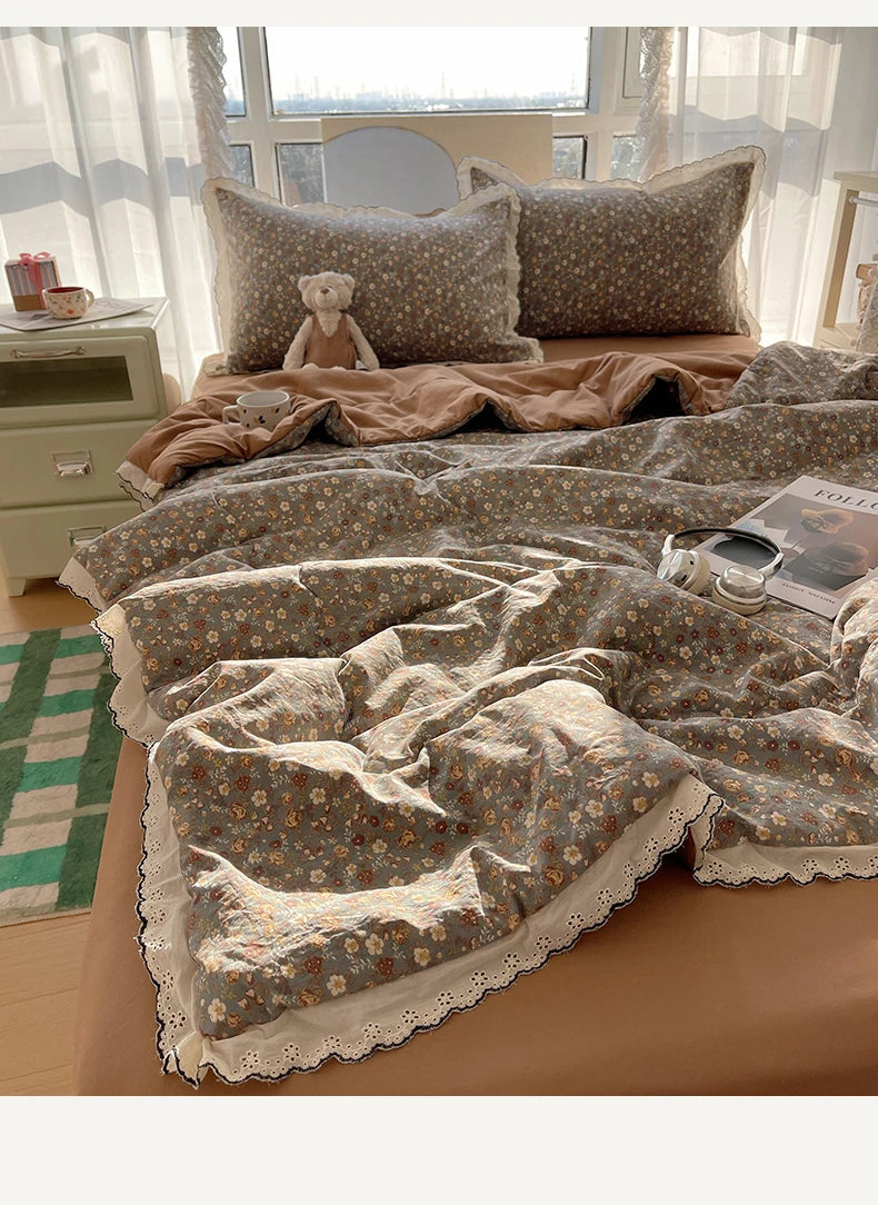 Summer Quilt Korean Style Duvet with Lace Single/Queen Size Comforter Flower Printed Quilted Blanket 여름이불 (No Pillowcase) Pi-Mart