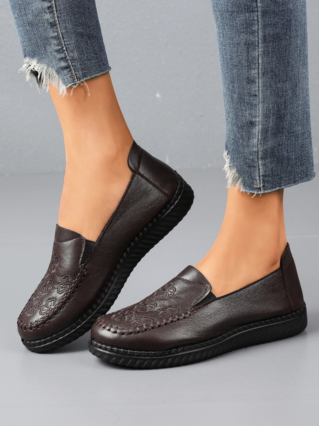Women's Spring Autumn Leather Loafers Floral Embossed Slip‑On Flats Anti‑Slip Comfort Casual Mom Daily Walking Free Shipping Pi-Mart