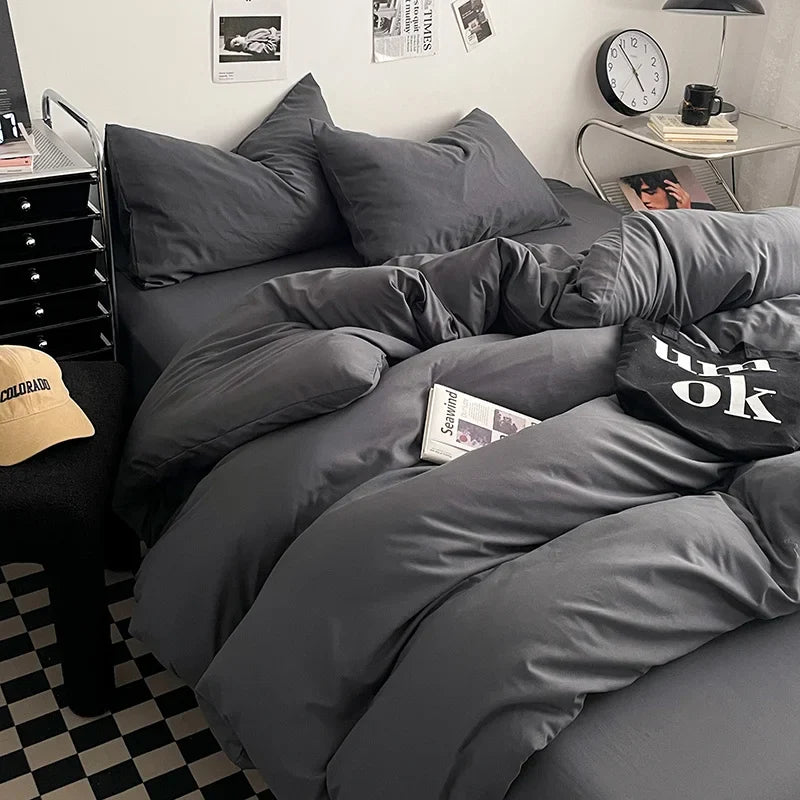 Washed Cotton Bed Linen Bedding Set 4 Pieces Bed Sheets Set Solid Color Comforter Cover Couple Queen King Size Bed Quilt Cover LadyShow.Store
