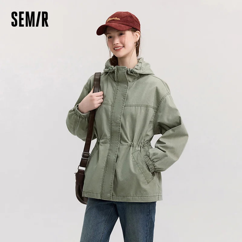 Semir Denim Jacket Women Mid-Length Loose Hooded 2025 New Spring Waist-Cinching Coat Retro Design for Fashion Outfits LadyShow.Store