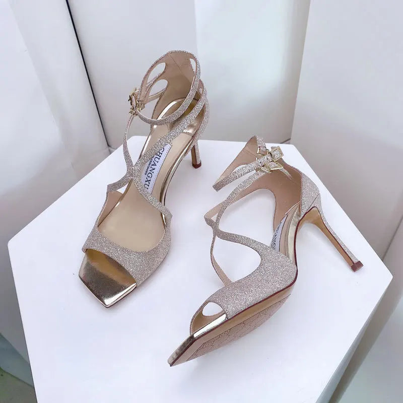 Luxury Sequined Women Gladiator Sandals Summer Designer Shoes for Women 2026 Square Head Hollow High Heels Fashion Ladies Shoes Pi-Mart