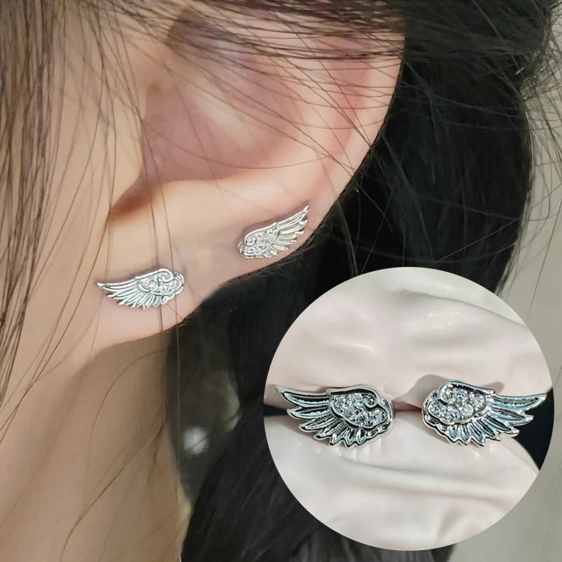 Fashion Zircon Wing Stud Earrings for Women Luxury Shiny Crystal Creative Angel Wings Cross Silver Color Ear Studs Jewelry Gifts Pi-Mart