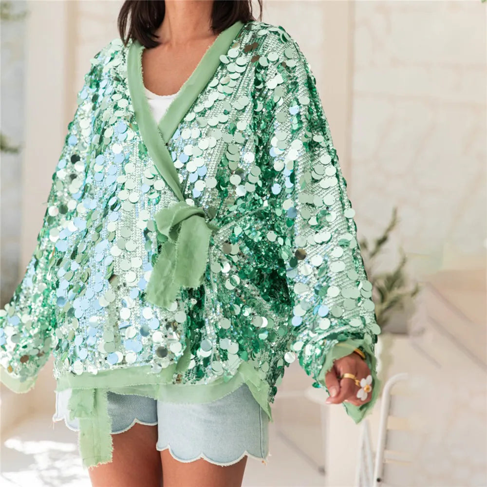 Shiny Sequin Cardigan for Women Trendy V Neck Front Wrap Tie Long Sleeve Coat Ladies Fashionable Sparkling Pullover Tops Punk LadyShow.Store