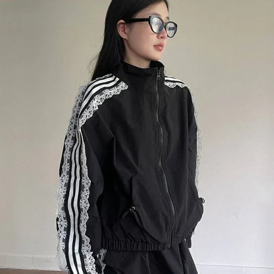2026 Lace Patchwork Striped Sun Protection Jacket for Women 2025 New Korean Causal Zipper Stand Neck Cardigan Coat Top Design LadyShow.Store