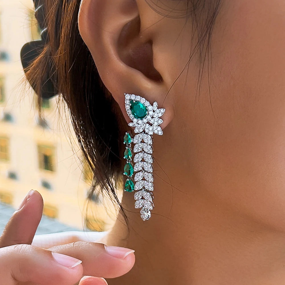 CWWZircons Dangling Leaf Drop Green Cubic Zirconia Luxury Long Earrings  for Women Beautiful Wedding Banquet Party Jewelry CZ959 Pi-Mart