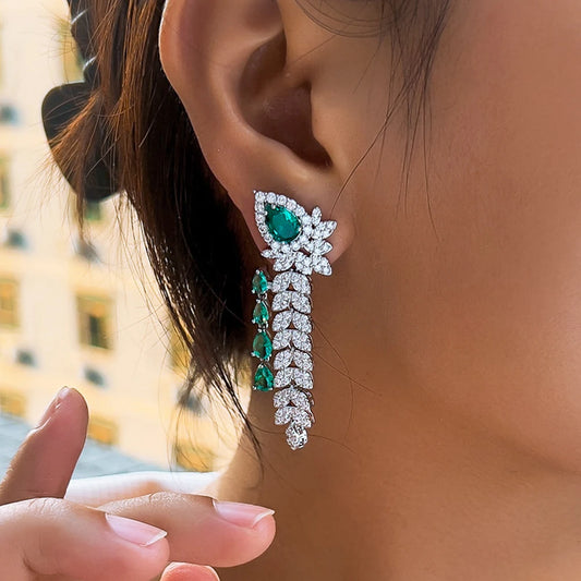 CWWZircons Dangling Leaf Drop Green Cubic Zirconia Luxury Long Earrings  for Women Beautiful Wedding Banquet Party Jewelry CZ959 Pi-Mart